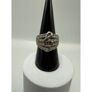 Silver Tone Treble Clef Music Note Rhinestone Statement Ring Wide Band